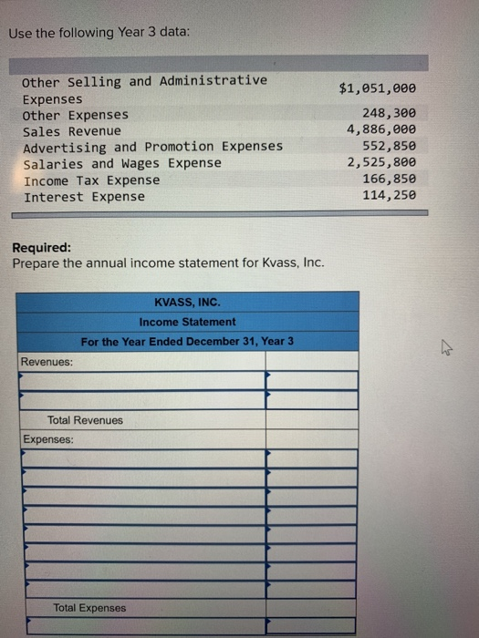Use the following Year 3 data: Other Selling and Administrative Expenses Other Expenses Sales Revenue Advertising and Promoti