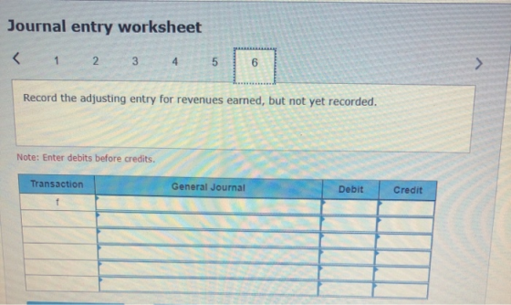 Journal entry worksheet < 1 2 3 4 5 Record the adjusting entry for revenues earned, but not yet recorded. Note: Enter debits