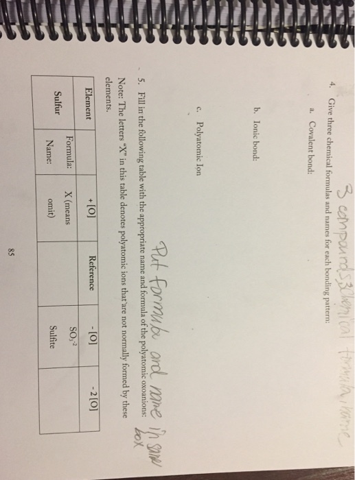 4. Give three chemical formulas and names for each bonding pattern a. Covalent bond: b. Ionic bond: c. Polyatomic Ion Put fprmub ardl mne in 5. Fill in the following table with the appropriate name and formula of the polyatomic oxoanions: Note: The letters X in this table denotes polyatomic ions that are not normally formed by these elements. [O SO,2 Sulfite Element Reference -2 [O] Formula: X(means Sulfur Name: omit) 85