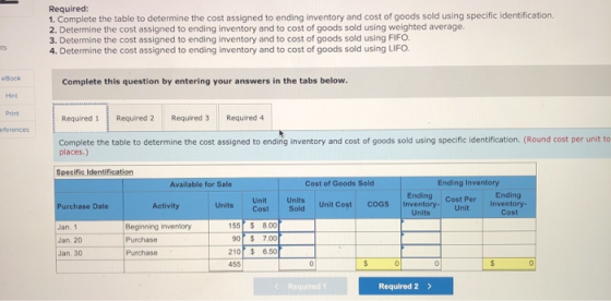 Required: 1. Complete the table to determine the cost assigned to ending inventory and cost of goods sold using specific iden