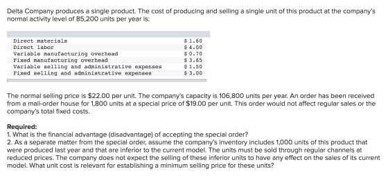 Delta Company produces a single product. The cost of producing and selling a single unit of this product at the companys nor