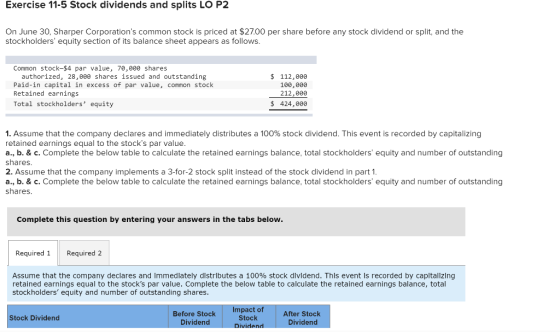 Exercise 11-5 Stock dividends and splits LO P2 On June 30, Sharper Corporations common stock is priced at $27.00 per share b