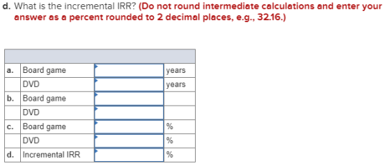 d. What is the incremental IRR? (Do not round intermediate calculations and enter your answer as a percent rounded to 2 decim