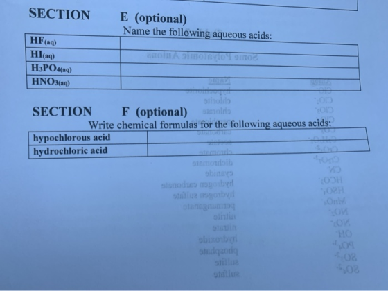 SECTION E (optional) Name the following aqueous acids: HF(aq) ONA MOYO Hl(aq) H3PO4(aq) HNO3(aq) tholdo SECTION F (optional)