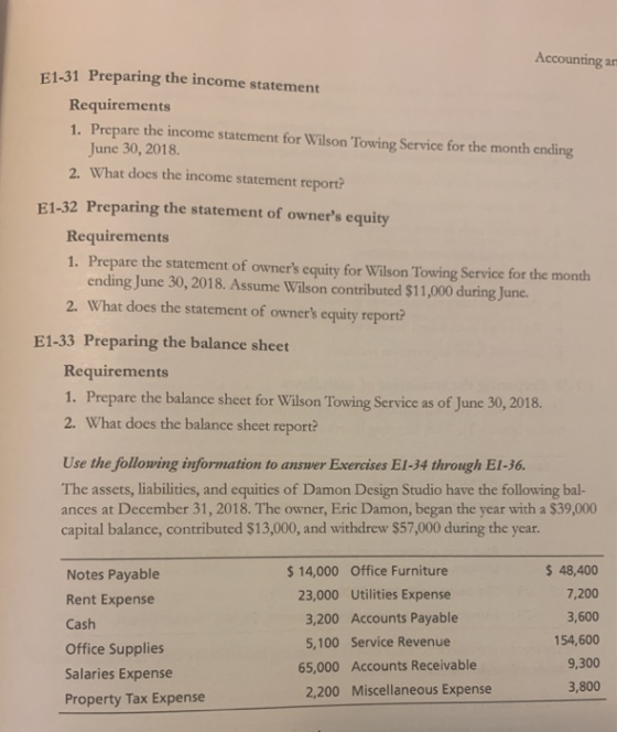 Accounting an E1-31 Preparing the income statement Requirements 1. Prepare the income statement for Wilson Towing Service for