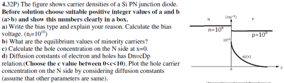 N P n=10 p=109 1013 4.32P) The figure shows carrier densities of a Si PN junction diode. Before solution choose suitable posi
