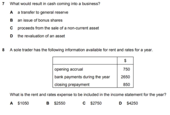 7 What would result in cash coming into a business? A B C D a transfer to general reserve an issue of bonus shares proceeds f
