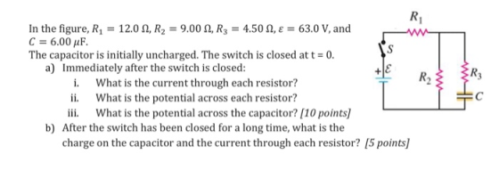 In the figure, R1 = 12.0 12, R2 = 9.00 2, R3 = 4.502, ε = 63.0 V, and C = 6.00 uF. The capacitor is initially uncharged. The