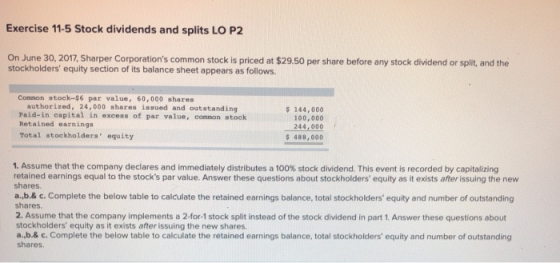 Exercise 11-5 Stock dividends and splits LO P2 On June 30, 2017, Sharper Corporations common stock is priced at $29.50 per s