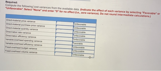 Required: Compute the following cost variances from the available data. (Indicate the effect of each variance by selecting F