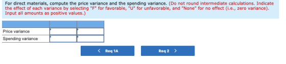 For direct materials, compute the price variance and the spending variance. (Do not round intermediate calculations. Indicate
