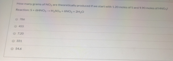 How many grams of NO2 are theoretically produced if we start with 1.20 moles of S and 9.90 moles of HNO3 Reaction: S + 6HNO3