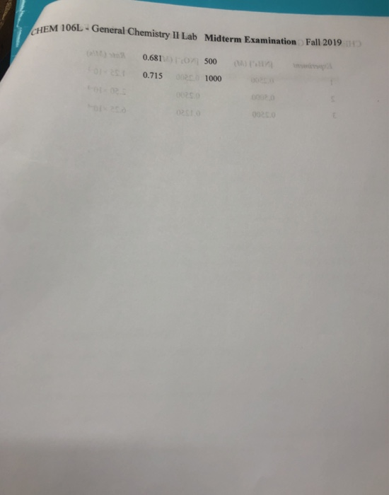 CHEM 106L-General Chemistry II Lab Midterm Examination Fall 2019 0.681 ns 500 0020 1000 0.715 000 O02. 002s0 0002 0 002 0 021
