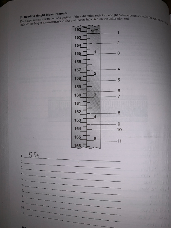 The diagram is an illustration of a portion of the calibration rod of an upright balance beam scale. In the spaces provide in