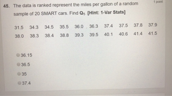 1 point 45. The data is ranked represent the miles per gallon of a random sample of 20 SMART cars. Find Q1. [Hint: 1-Var Stat