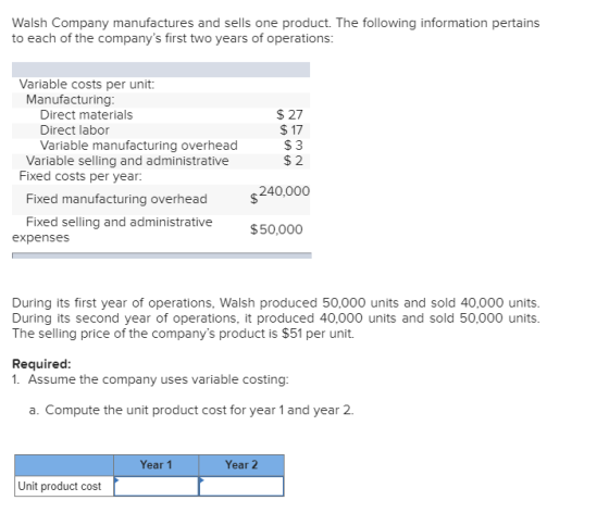 Walsh Company manufactures and sells one product. The following information pertains to each of the companys first two years
