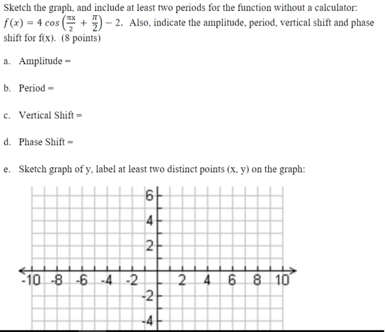 TEX Sketch the graph, and include at least two periods for the function without a calculator: f(x) = 4 cos + ) | – 2. Also, i