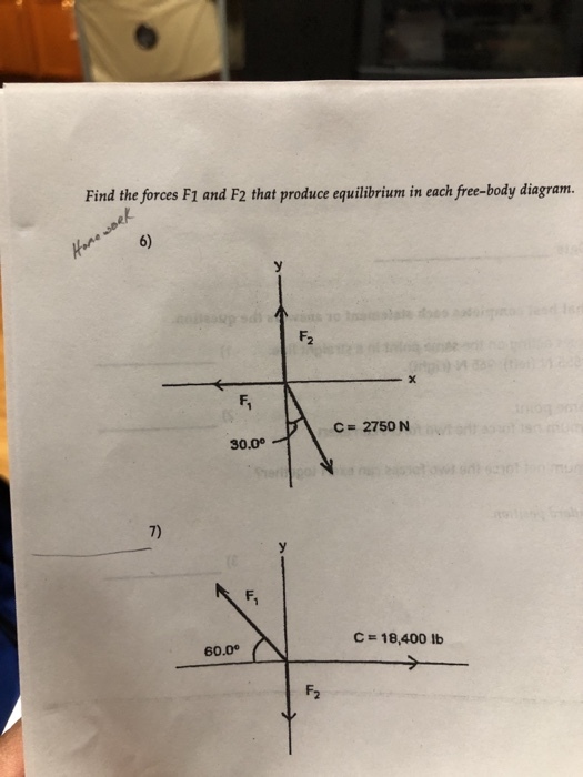 Find the forces F1 and F2 that produce equilibrium in each free-body diagram. 6) C-2750 N 30.0° 7) C 18,400 lb 60.0 F2
