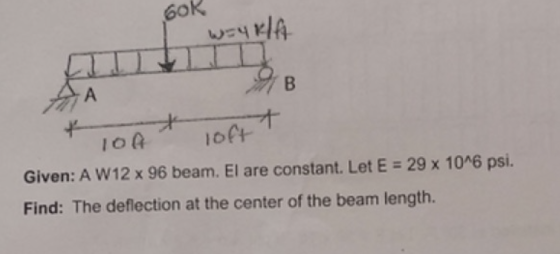 60k Given: A wł2 x 96 beam. El are constant. Let E = 29 x 10^6 psi. Find: The deflection at the center of the beam length.
