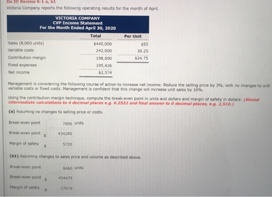 Do It! Review 6-1 a, bi Victoria Company reports the following operating results for the month of April. VICTORIA COMPANY CVP