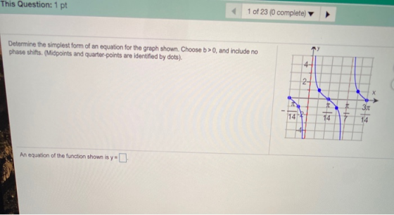 This Question: 1 pt 1 of 23 (0 complete) Determine the simplest form of an equation for the graph shown. Choose b>0, and incl