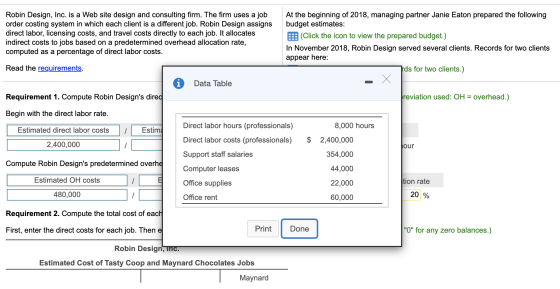 Robin Design, Inc. is a Web site design and consulting firm. The firm uses a job order costing system in which each client is