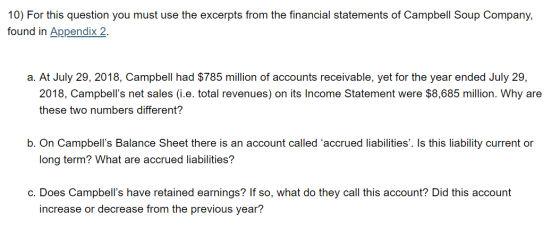 10) For this question you must use the excerpts from the financial statements of Campbell Soup Company, found in Appendix 2.