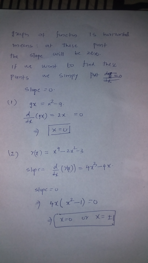 graph of function is horizontal meens: at these point the slope will be zess. if we wenst to find these points we simply put