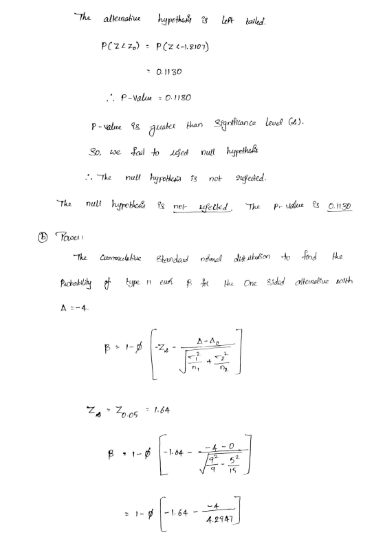 The alternative hypothesis is left tailed. PCZL Zo) P(Z2-1.2107) 0.1130 .: P-value = 0.1130 P-value 88 greater than significa