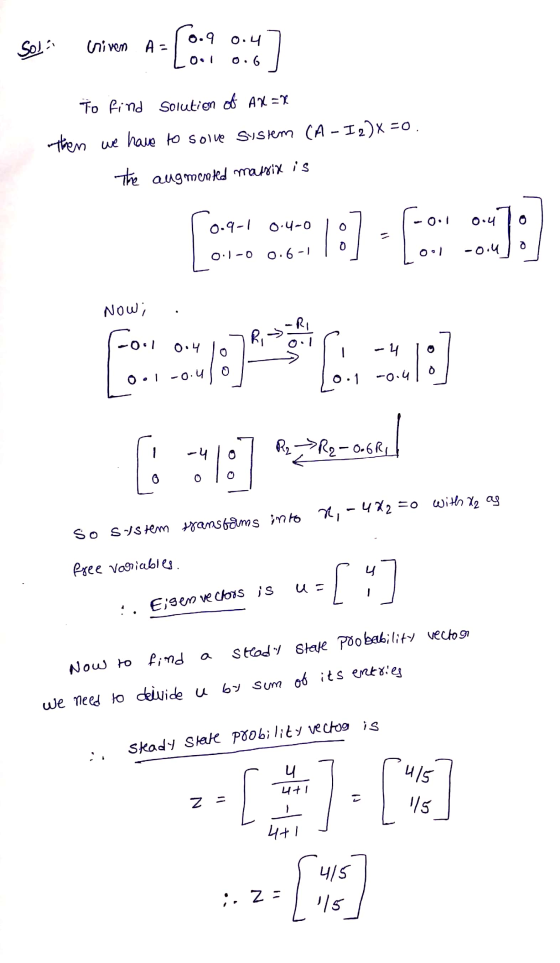 Sol Kniven A = 0.9 .9 0.4 O. 0.6 5] To find Solution of AX = then we have to solve System (A - I2)X =0. The augmented marrix