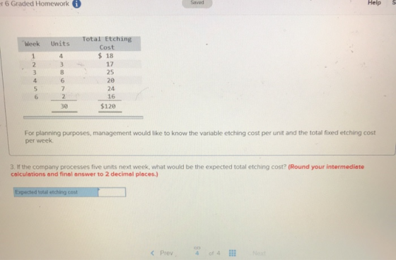 6 Graded Homework i Savod Help 5 Week Units Total Etching Cost $ 18 25 OWN No 00 $120 For planning purposes, management would