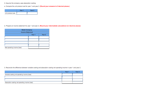 2. Assume the company uses absorption costing: a. Compute the unit product cost for year 1 and year 2. (Round your answers to