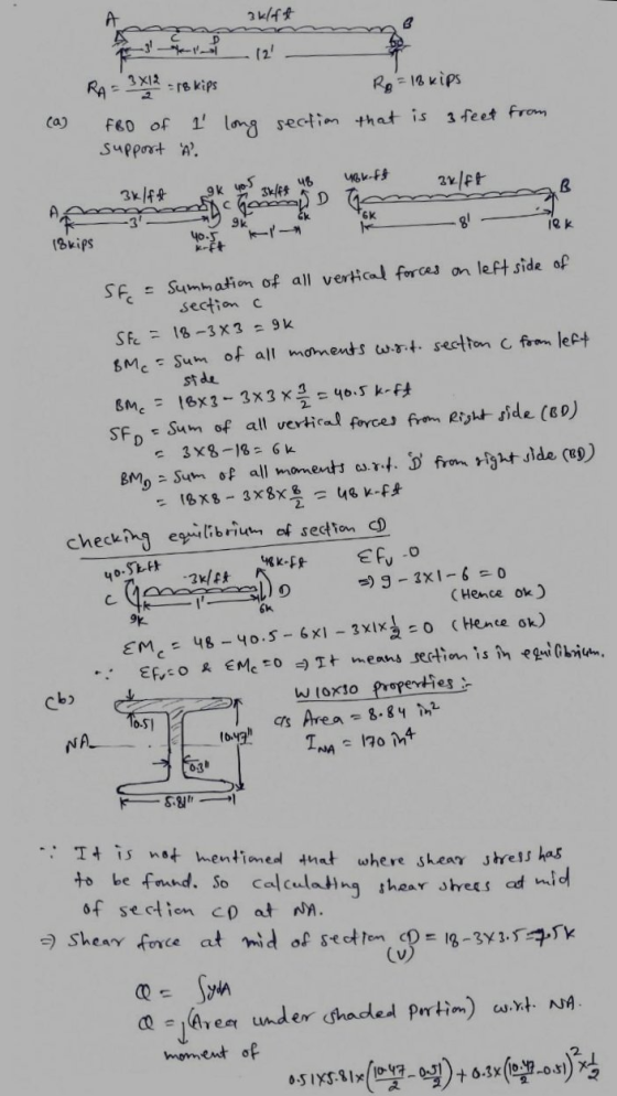 A aklift B (a) 3X12 RAS 18 kips R₂ = 16 kips FBO of I long section that is a feet from support A. 48 ubkoft zx|ft 3k/ft B 3k