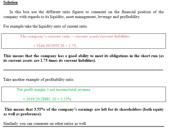 Solution In this box use the different ratio figures to comment on the financial position of the company with regards to its