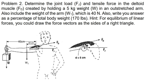 Problem 2. Determine the joint load (FJ) and tensile force in the deltoid muscle (FD) created by holding a 5 kg weight (W) in