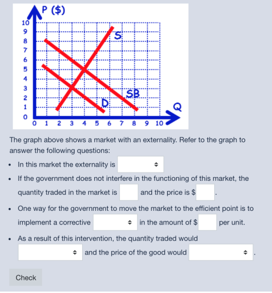 P ($) ............... .. . a como ....... 0 1 2 3 4 5 6 7 8 9 10 The graph above shows a market with an externality. Refer to