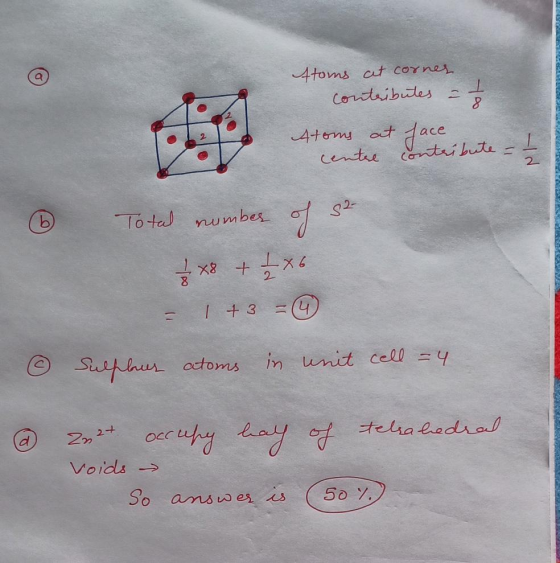 ttoms cet corner. contributes = 1 Atoms at face centre cont ② Total number of se 2 x 8 + 1 X6 1 +3 = © 6 Sulphur atoms in uni