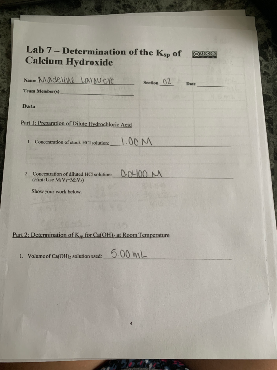 Lab 7 - Determination of the Ksp of 2000 Calcium Hydroxide Name Madeline Cardu eve Section_02 Date Team Member(s) Data Part 1