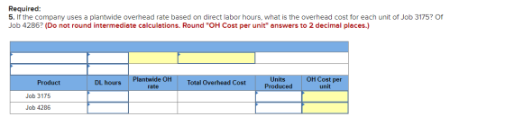 Required: 5. If the company uses a plantwide overhead rate based on direct labor hours, what is the overhead cost for each un