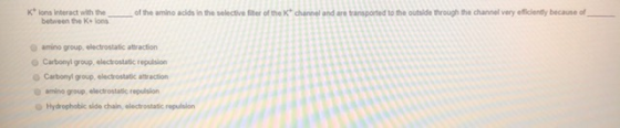 Ktions interact with the between the kes __ of the amino acids in the selective filter of the channel and are transported to