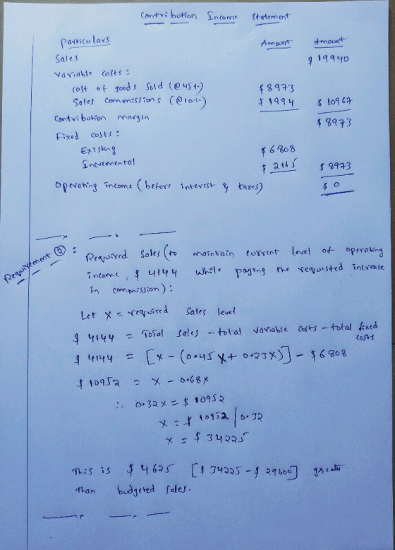 Contribution Income statement Amount Amount 9 19940 particulars Sales variable costs a cost of goods sold (@454-) Sales Commi