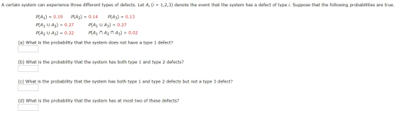 A certain system can experience three different types of defects. Let A; (i = 1,2,3) denote the event that the system has a d