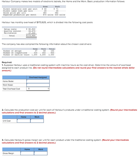 Harbour Company makes two models of electronic tablets, the Home and the Work. Basic production Information follows: Direct m