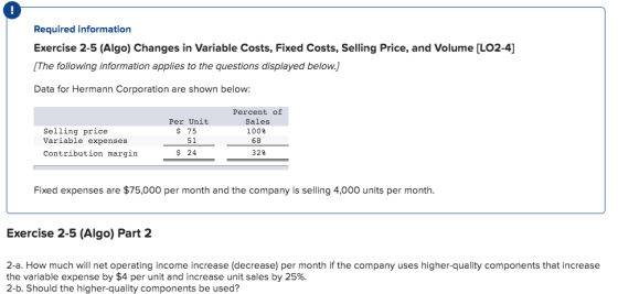 Required information Exercise 2-5 (Algo) Changes in Variable Costs, Fixed Costs, Selling Price, and Volume [LO2-4] [The follo