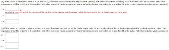 (b) If the record of time starts when x = +A and v= 0, determine expressions for the displacement, velocity, and acceleration