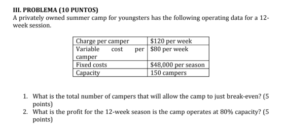 III. PROBLEMA (10 PUNTOS) A privately owned summer camp for youngsters has the following operating data for a 12- week sessio