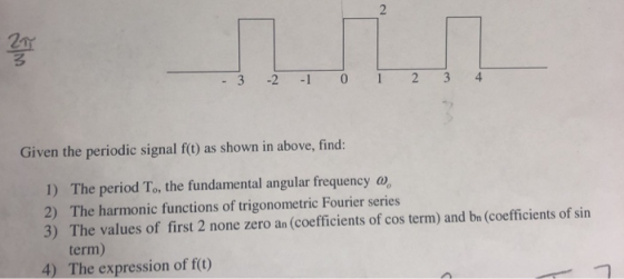 -3 -2 -1 0 23 4 Given the pecriodc signal (O0 as showninabove, find 1) 2) 3) The period To, the fundamental angular frequency w The harmonic functions of trigonometric Fourier series The values of first 2 none zero an (coefficients of cos term) and bn (coefficients of sin term) 4) The expression of ft)