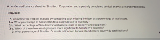A condensed balance sheet for Simultech Corporation and a partially completed vertical analysis are presented below. Required