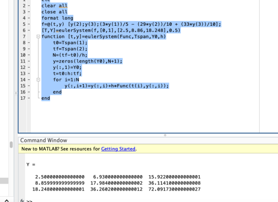 2 - 3 4 - 5 - 6 - 7 8 9 10 11 12 13 14 - 15 16 17 - clear all close all format long f=@(t,y) [y(2);y(3);(3*y(1))/5 - (29*y(2)
