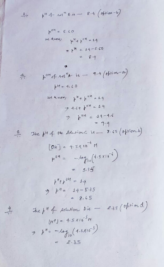 & hot son sin - 8.4 (option-6) pon - 5.60 we know) sout you a 19. >> H 2 14-5.60 a 3. pon of so A is – 9,4 (option-a) pH = 4